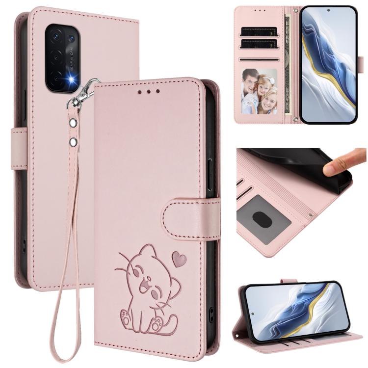 Embossed Heart Cat Leather Phone Case with Hand Strap, For OnePlus Nord CE 2 5G, For OnePlus 10 Pro 5G, OnePlus Nord N20 5G, For OnePlus Nord N200 5G