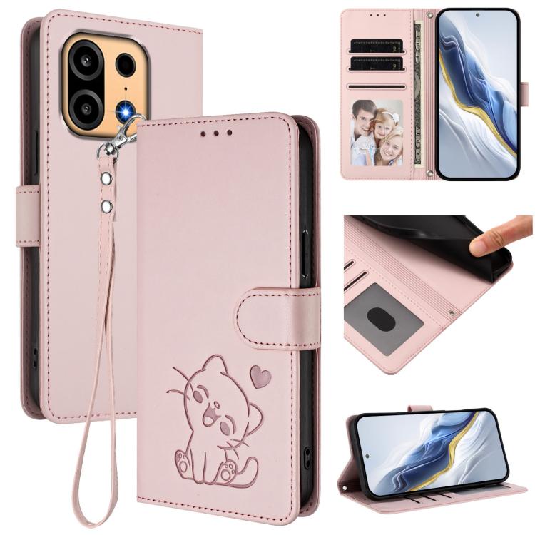 Embossed Heart Cat Leather Phone Case with Hand Strap, For OnePlus Turbo 6X Pro 5G, For OnePlus Turbo 6 / 6V 5G, For OnePlus Nord 5 5G / Ace 5 Ultra, For OnePlus Nord CE5 / Ace 5 Racing