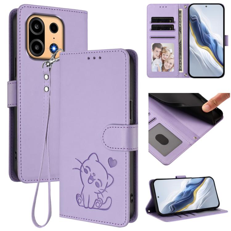 Embossed Heart Cat Leather Phone Case with Hand Strap, For OnePlus Turbo 6X Pro 5G, For OnePlus Turbo 6 / 6V 5G, For OnePlus Nord 5 5G / Ace 5 Ultra, For OnePlus Nord CE5 / Ace 5 Racing
