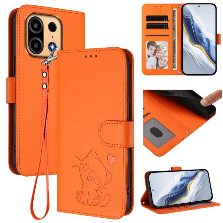 Embossed Heart Cat Leather Phone Case with Hand Strap, For OnePlus Turbo 6X Pro 5G, For OnePlus Turbo 6 / 6V 5G, For OnePlus Nord 5 5G / Ace 5 Ultra, For OnePlus Nord CE5 / Ace 5 Racing