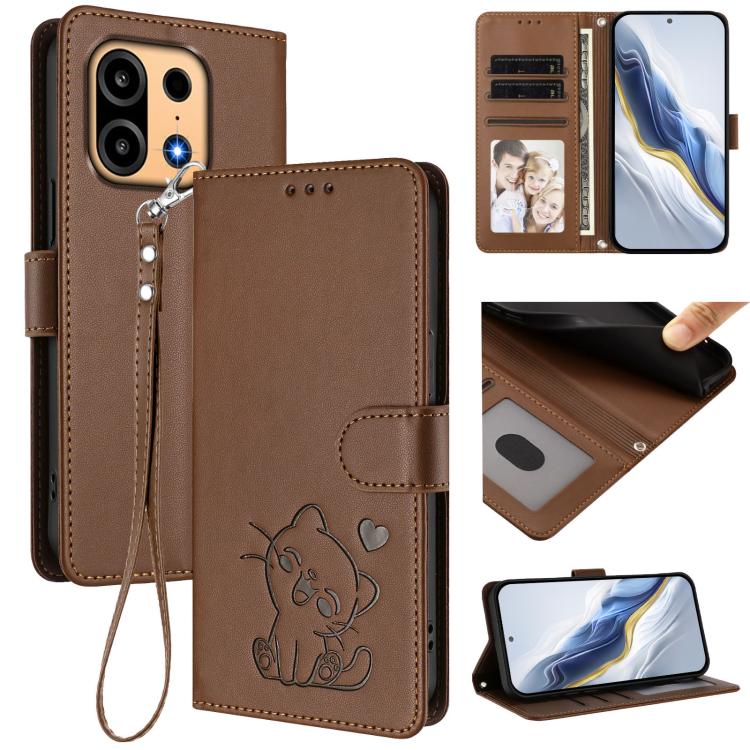 Embossed Heart Cat Leather Phone Case with Hand Strap, For OnePlus Turbo 6X Pro 5G, For OnePlus Turbo 6 / 6V 5G, For OnePlus Nord 5 5G / Ace 5 Ultra, For OnePlus Nord CE5 / Ace 5 Racing