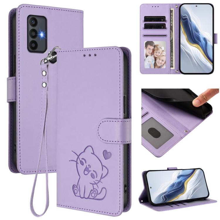 Embossed Heart Cat Leather Phone Case with Hand Strap, For TCL 30 SE, For TCL 30 XE 5G / 30V 5G / T781S