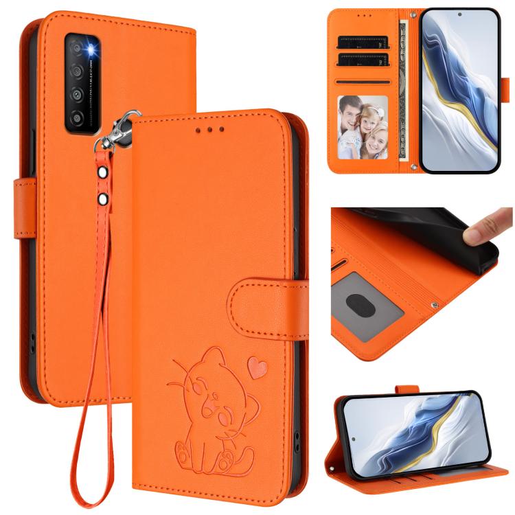 Embossed Heart Cat Leather Phone Case with Hand Strap, For TCL 40 R 5G / Sharp Aquos V6 5G, For TCL 30 XL / T701DL, For TCL 305 / 306 / 30 SE AL02, For TCL Stylus 5G