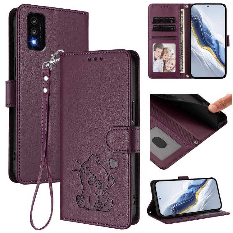 Embossed Heart Cat Leather Phone Case with Hand Strap, For TCL 303, For TCL 30T / T603DL, For TCL 20R / Bremen 5G / 20AX 5G, For TCL 30 4G / 5G / 30+