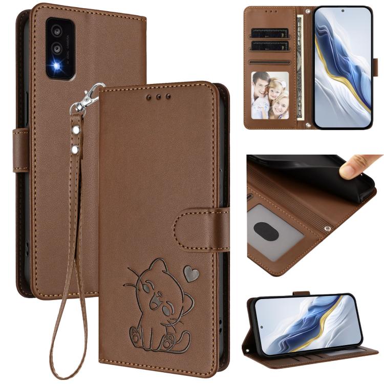 Embossed Heart Cat Leather Phone Case with Hand Strap, For TCL 303, For TCL 30T / T603DL, For TCL 20R / Bremen 5G / 20AX 5G, For TCL 30 4G / 5G / 30+