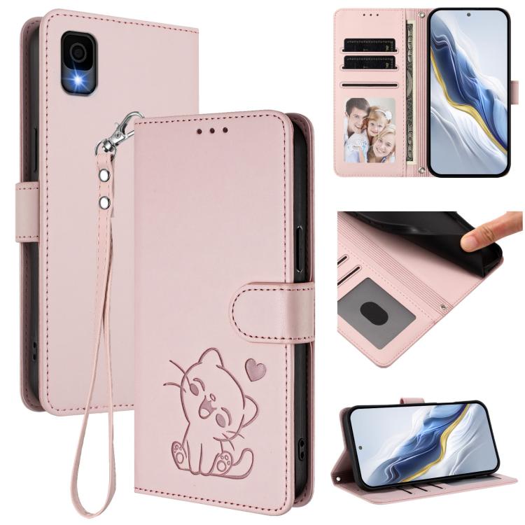 Embossed Heart Cat Leather Phone Case with Hand Strap, For TCL 30Z / T602DL / 30 LE / T602DL, For TCL 40 XL / Lively Jitterbug Smart4, For TCL 50 LE 5G T510SPP / K23 / K24, For TCL 50 Pro NxtPaper / 50 NxtPaper 5G
