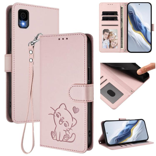 Embossed Heart Cat Leather Phone Case with Hand Strap, For TCL 30Z / T602DL / 30 LE / T602DL, For TCL 40 XL / Lively Jitterbug Smart4, For TCL 50 LE 5G T510SPP / K23 / K24, For TCL 50 Pro NxtPaper / 50 NxtPaper 5G