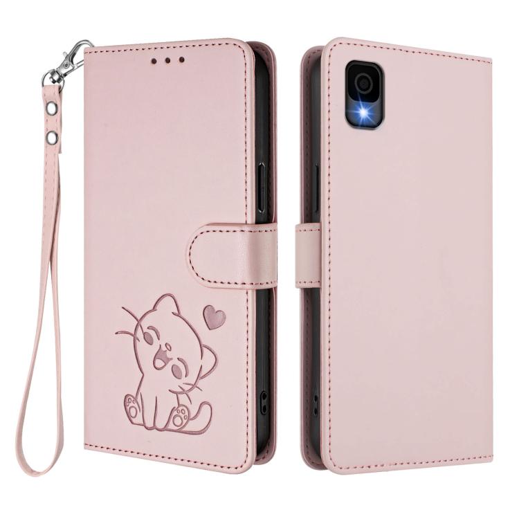 Embossed Heart Cat Leather Phone Case with Hand Strap, For TCL 30Z / T602DL / 30 LE / T602DL, For TCL 40 XL / Lively Jitterbug Smart4, For TCL 50 LE 5G T510SPP / K23 / K24, For TCL 50 Pro NxtPaper / 50 NxtPaper 5G