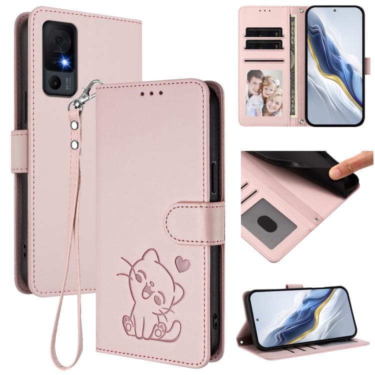 Embossed Heart Cat Leather Phone Case with Hand Strap, For TCL 30Z / T602DL / 30 LE / T602DL, For TCL 40 XL / Lively Jitterbug Smart4, For TCL 50 LE 5G T510SPP / K23 / K24, For TCL 50 Pro NxtPaper / 50 NxtPaper 5G