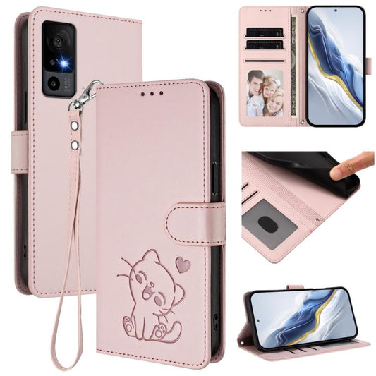 Embossed Heart Cat Leather Phone Case with Hand Strap, For TCL 40 R 5G / Sharp Aquos V6 5G, For TCL 30 XL / T701DL, For TCL 305 / 306 / 30 SE AL02, For TCL Stylus 5G