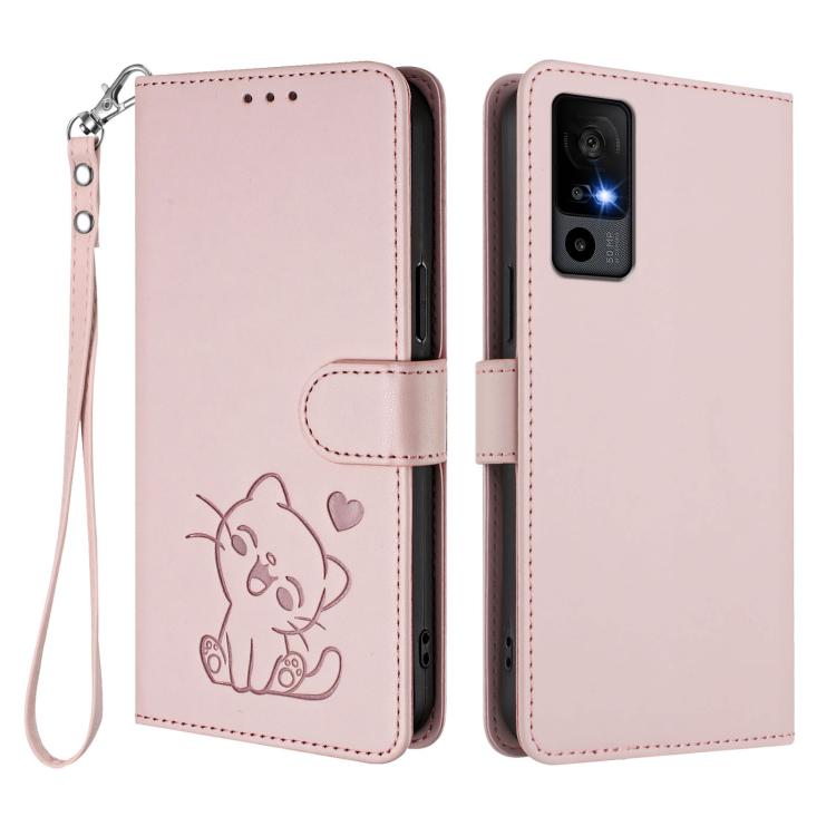 Embossed Heart Cat Leather Phone Case with Hand Strap, For TCL 40 R 5G / Sharp Aquos V6 5G, For TCL 30 XL / T701DL, For TCL 305 / 306 / 30 SE AL02, For TCL Stylus 5G