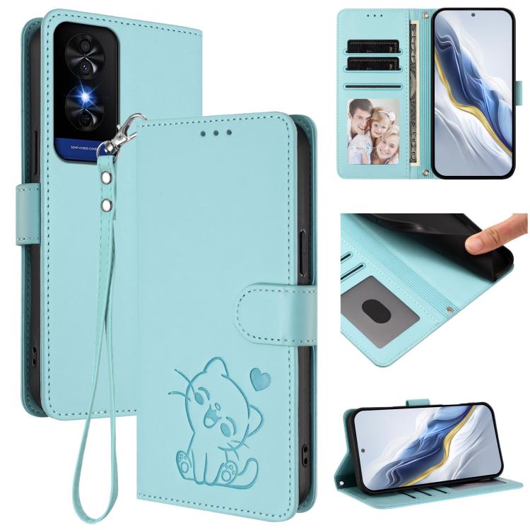 Embossed Heart Cat Leather Phone Case with Hand Strap, For TCL 60R, For TCL 503, For TCL 50 5G / 50 XE NxtPaper 5G, For TCL 50 XL 5G / 50 XL Nxtpaper 5G