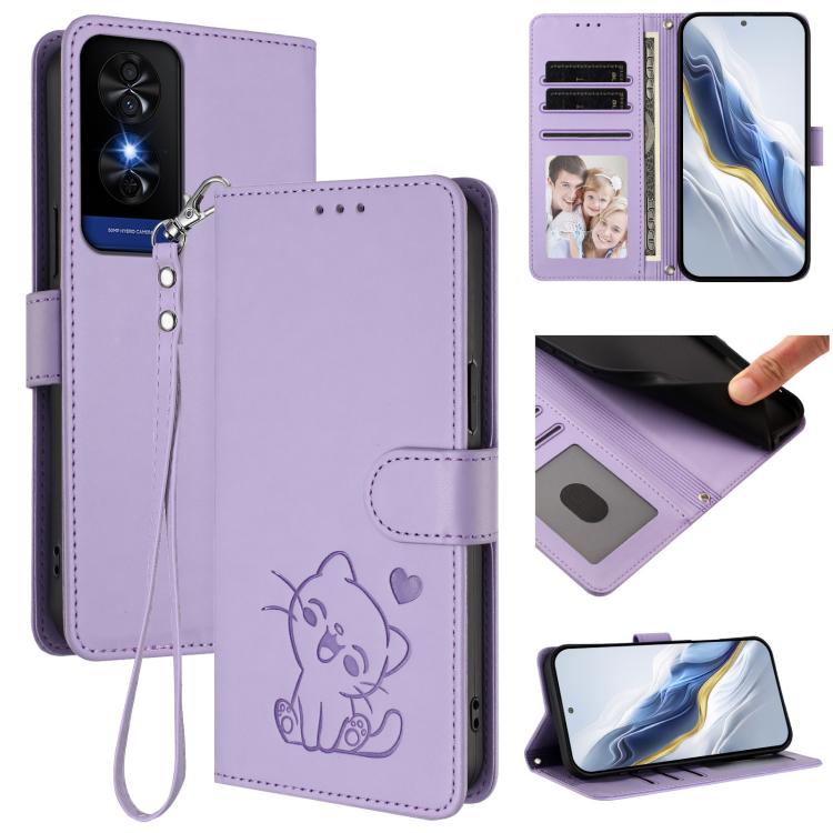 Embossed Heart Cat Leather Phone Case with Hand Strap, For TCL 60R, For TCL 503, For TCL 50 5G / 50 XE NxtPaper 5G, For TCL 50 XL 5G / 50 XL Nxtpaper 5G