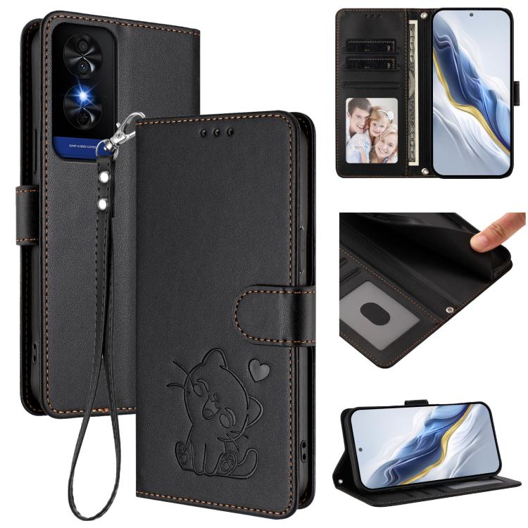 Embossed Heart Cat Leather Phone Case with Hand Strap, For TCL 60R, For TCL 503, For TCL 50 5G / 50 XE NxtPaper 5G, For TCL 50 XL 5G / 50 XL Nxtpaper 5G
