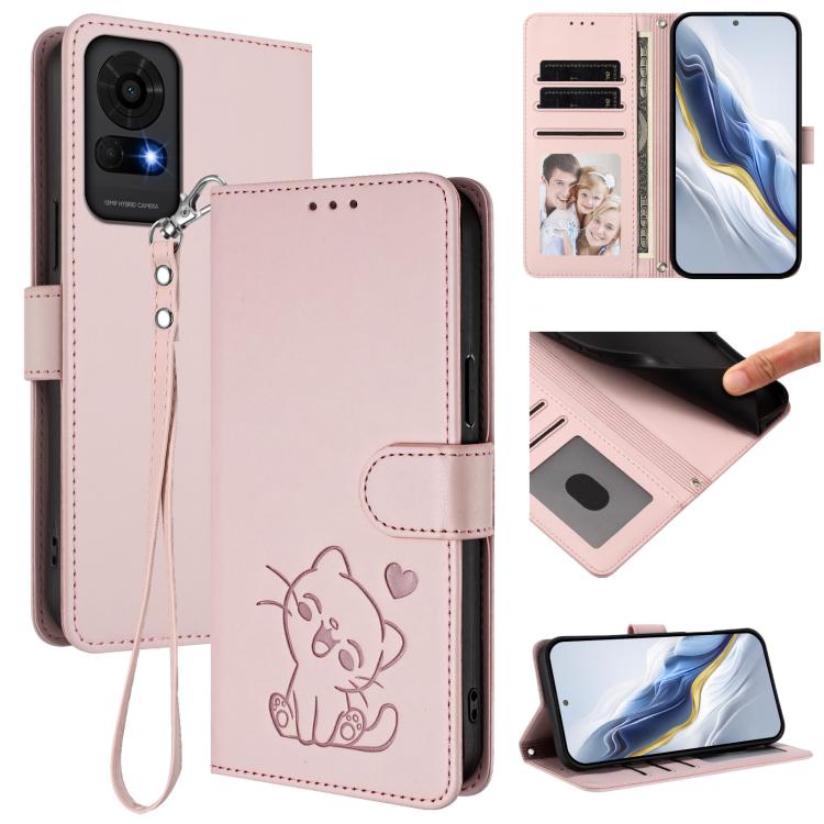 Embossed Heart Cat Leather Phone Case with Hand Strap, For TCL 30Z / T602DL / 30 LE / T602DL, For TCL 40 XL / Lively Jitterbug Smart4, For TCL 50 LE 5G T510SPP / K23 / K24, For TCL 50 Pro NxtPaper / 50 NxtPaper 5G
