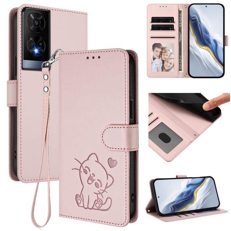 Embossed Heart Cat Leather Phone Case with Hand Strap, For TCL 201, For TCL 50 XE, For TCL 50 SE / 40 NxtPaper 4G, For TCL 501 / Vodafone Smart M25