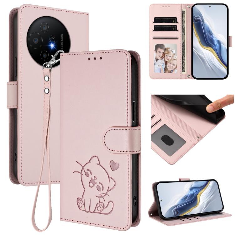 Embossed Heart Cat Leather Phone Case with Hand Strap, For TCL 60R, For TCL 503, For TCL 50 5G / 50 XE NxtPaper 5G, For TCL 50 XL 5G / 50 XL Nxtpaper 5G