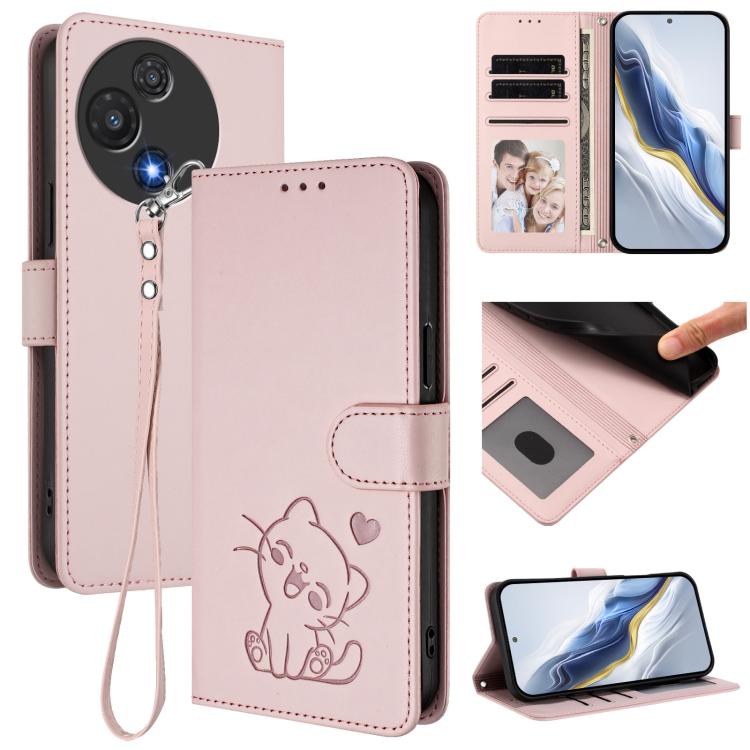 Embossed Heart Cat Leather Phone Case with Hand Strap, For TCL 405 / 406 / 406s / 408 / T506D, For TCL 60 NxtPaper, For TCL 605 / 60 SE, For TCL 60 5G