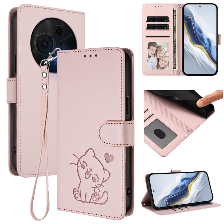 Embossed Heart Cat Leather Phone Case with Hand Strap, For TCL 405 / 406 / 406s / 408 / T506D, For TCL 60 NxtPaper, For TCL 605 / 60 SE, For TCL 60 5G