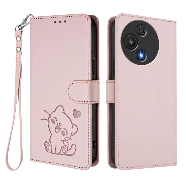 Embossed Heart Cat Leather Phone Case with Hand Strap, For TCL 60R, For TCL 503, For TCL 50 5G / 50 XE NxtPaper 5G, For TCL 50 XL 5G / 50 XL Nxtpaper 5G