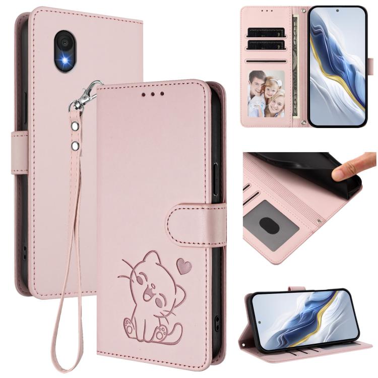 Embossed Heart Cat Leather Phone Case with Hand Strap, For TCL 201, For TCL 50 XE, For TCL 50 SE / 40 NxtPaper 4G, For TCL 501 / Vodafone Smart M25
