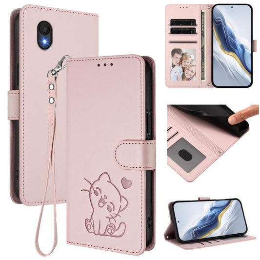 Embossed Heart Cat Leather Phone Case with Hand Strap, For TCL 201, For TCL 50 XE, For TCL 50 SE / 40 NxtPaper 4G, For TCL 501 / Vodafone Smart M25