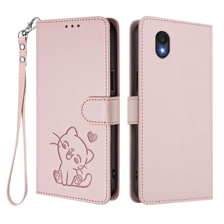 Embossed Heart Cat Leather Phone Case with Hand Strap, For TCL 201, For TCL 50 XE, For TCL 50 SE / 40 NxtPaper 4G, For TCL 501 / Vodafone Smart M25