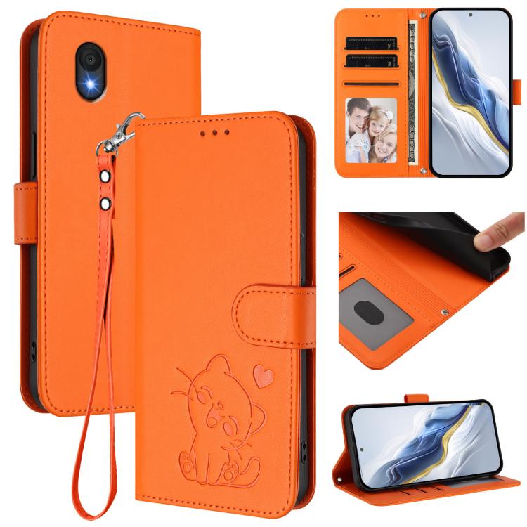 Embossed Heart Cat Leather Phone Case with Hand Strap, For TCL 201, For TCL 50 XE, For TCL 50 SE / 40 NxtPaper 4G, For TCL 501 / Vodafone Smart M25