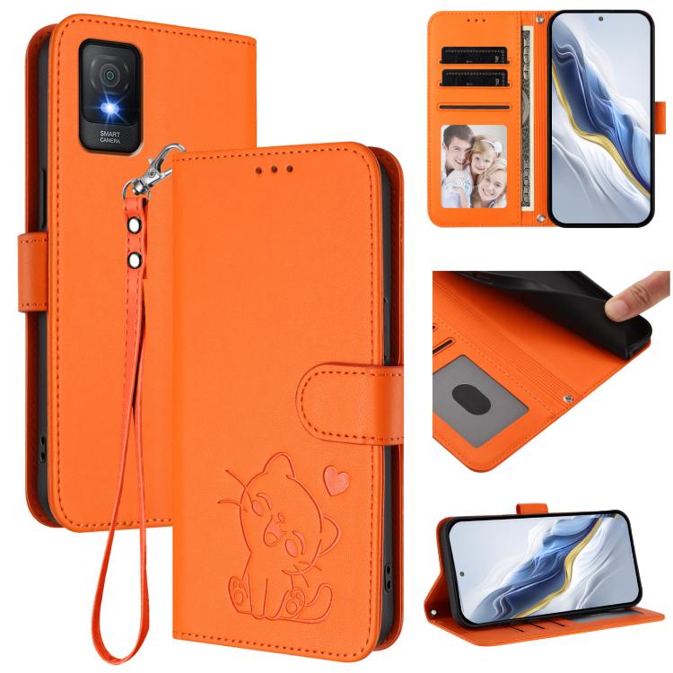 Embossed Heart Cat Leather Phone Case with Hand Strap, For TCL 505 / T509K / T5094, For TCL 502, For TCL 40 SE, For TCL 403 / Vodafone Smart M23