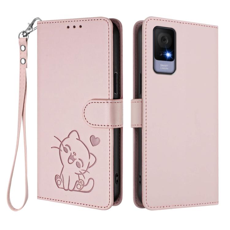 Embossed Heart Cat Leather Phone Case with Hand Strap, For TCL 405 / 406 / 406s / 408 / T506D, For TCL 60 NxtPaper, For TCL 605 / 60 SE, For TCL 60 5G