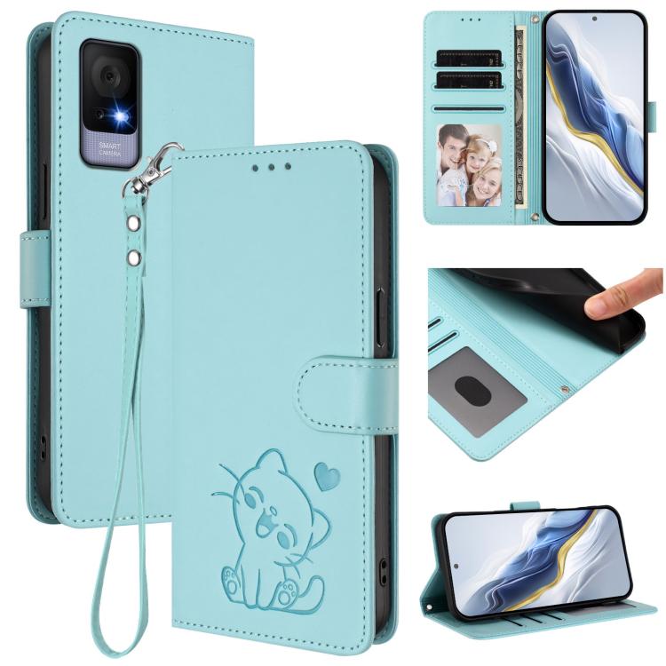 Embossed Heart Cat Leather Phone Case with Hand Strap, For TCL 405 / 406 / 406s / 408 / T506D, For TCL 60 NxtPaper, For TCL 605 / 60 SE, For TCL 60 5G