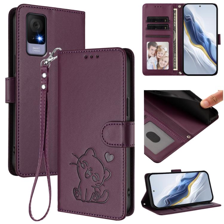 Embossed Heart Cat Leather Phone Case with Hand Strap, For TCL 405 / 406 / 406s / 408 / T506D, For TCL 60 NxtPaper, For TCL 605 / 60 SE, For TCL 60 5G