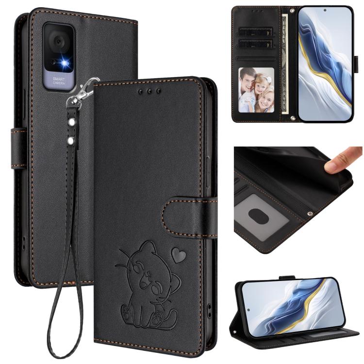 Embossed Heart Cat Leather Phone Case with Hand Strap, For TCL 405 / 406 / 406s / 408 / T506D, For TCL 60 NxtPaper, For TCL 605 / 60 SE, For TCL 60 5G