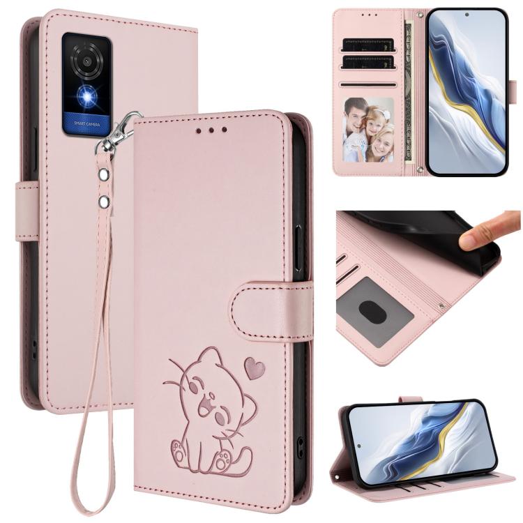 Embossed Heart Cat Leather Phone Case with Hand Strap, For TCL 201, For TCL 50 XE, For TCL 50 SE / 40 NxtPaper 4G, For TCL 501 / Vodafone Smart M25