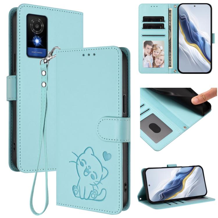 Embossed Heart Cat Leather Phone Case with Hand Strap, For TCL 201, For TCL 50 XE, For TCL 50 SE / 40 NxtPaper 4G, For TCL 501 / Vodafone Smart M25