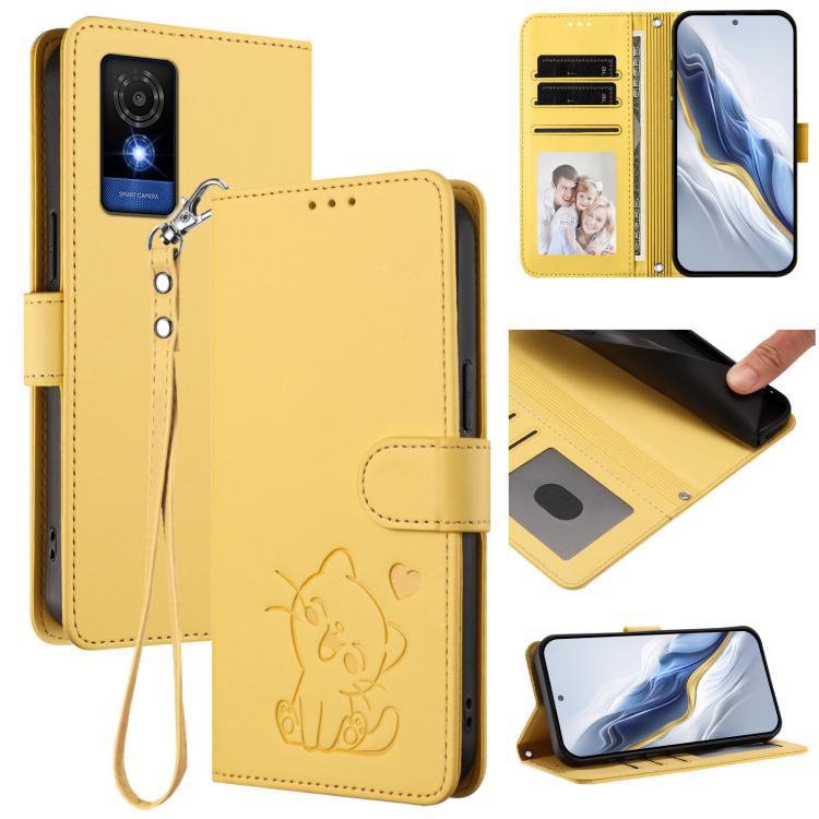 Embossed Heart Cat Leather Phone Case with Hand Strap, For TCL 201, For TCL 50 XE, For TCL 50 SE / 40 NxtPaper 4G, For TCL 501 / Vodafone Smart M25
