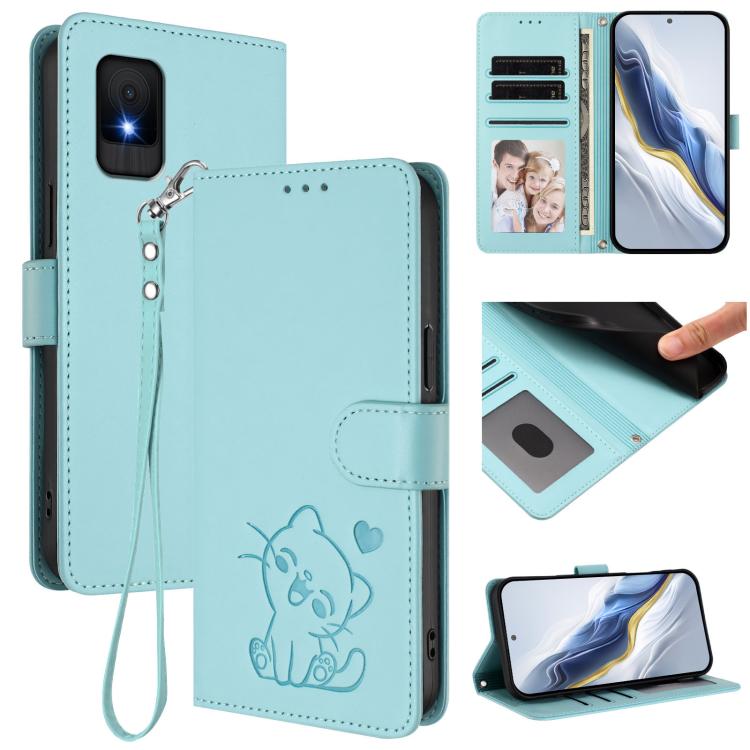 Embossed Heart Cat Leather Phone Case with Hand Strap, For TCL 505 / T509K / T5094, For TCL 502, For TCL 40 SE, For TCL 403 / Vodafone Smart M23