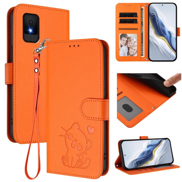 Embossed Heart Cat Leather Phone Case with Hand Strap, For TCL 505 / T509K / T5094, For TCL 502, For TCL 40 SE, For TCL 403 / Vodafone Smart M23