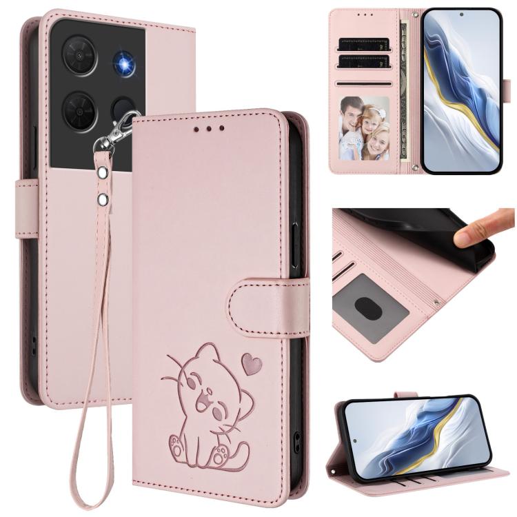 Embossed Heart Cat Leather Phone Case with Hand Strap, For TCL 60R, For TCL 503, For TCL 50 5G / 50 XE NxtPaper 5G, For TCL 50 XL 5G / 50 XL Nxtpaper 5G