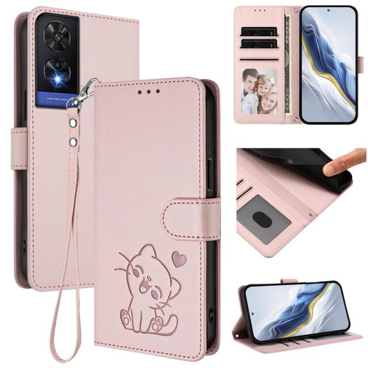 Embossed Heart Cat Leather Phone Case with Hand Strap, For TCL 505 / T509K / T5094, For TCL 502, For TCL 40 SE, For TCL 403 / Vodafone Smart M23