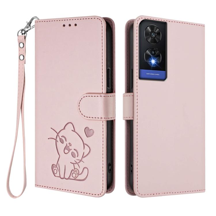 Embossed Heart Cat Leather Phone Case with Hand Strap, For TCL 505 / T509K / T5094, For TCL 502, For TCL 40 SE, For TCL 403 / Vodafone Smart M23