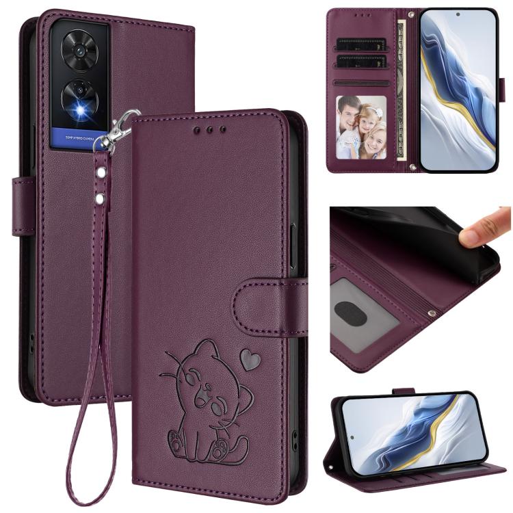 Embossed Heart Cat Leather Phone Case with Hand Strap, For TCL 505 / T509K / T5094, For TCL 502, For TCL 40 SE, For TCL 403 / Vodafone Smart M23