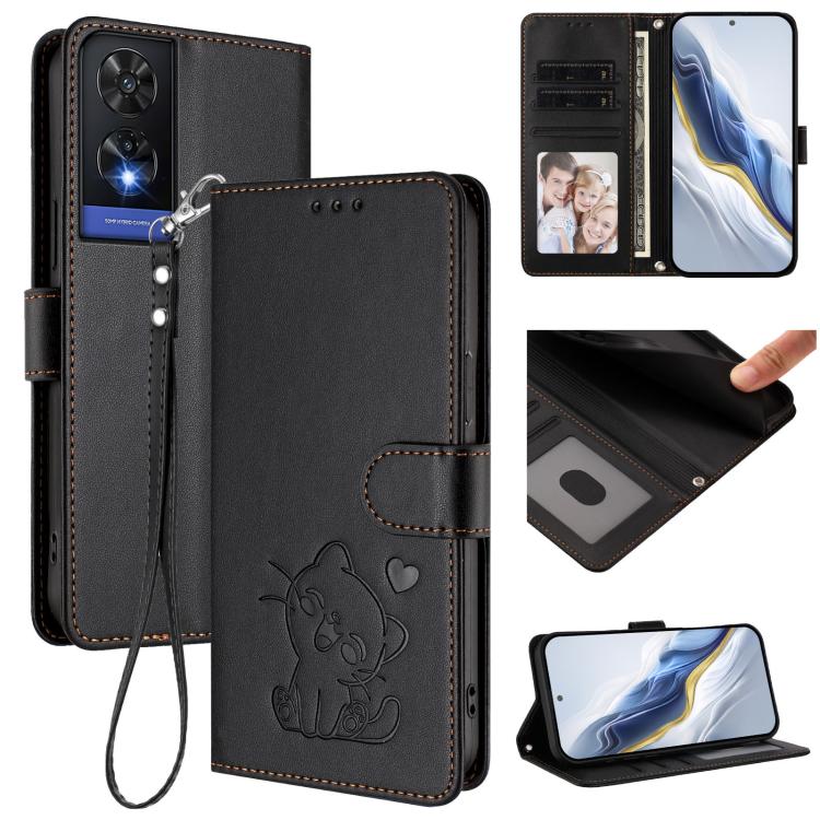 Embossed Heart Cat Leather Phone Case with Hand Strap, For TCL 505 / T509K / T5094, For TCL 502, For TCL 40 SE, For TCL 403 / Vodafone Smart M23