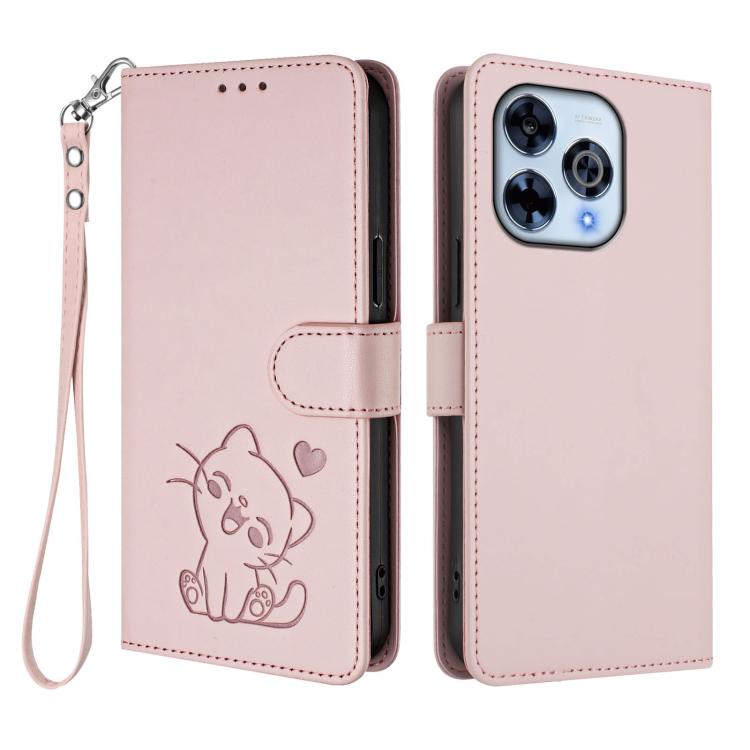 Embossed Heart Cat Leather Phone Case with Hand Strap, For Wiko Hi Enjoy 80 Pro