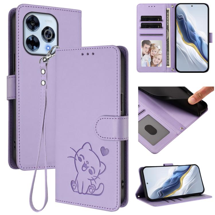 Embossed Heart Cat Leather Phone Case with Hand Strap, For Wiko Hi Enjoy 80 Pro