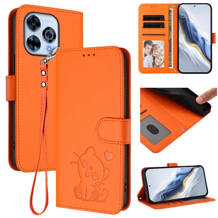 Embossed Heart Cat Leather Phone Case with Hand Strap, For Wiko Hi Enjoy 80 Pro