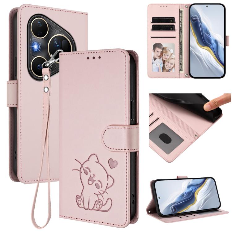 Embossed Heart Cat Leather Phone Case with Hand Strap, For Huawei Mate 70 Air 5G, For Huawei Pura 80 Ultra 5G, For Huawei Pura 80 Pro 5G / Pura 80 Pro+ 5G, For Huawei Pura 80 5G