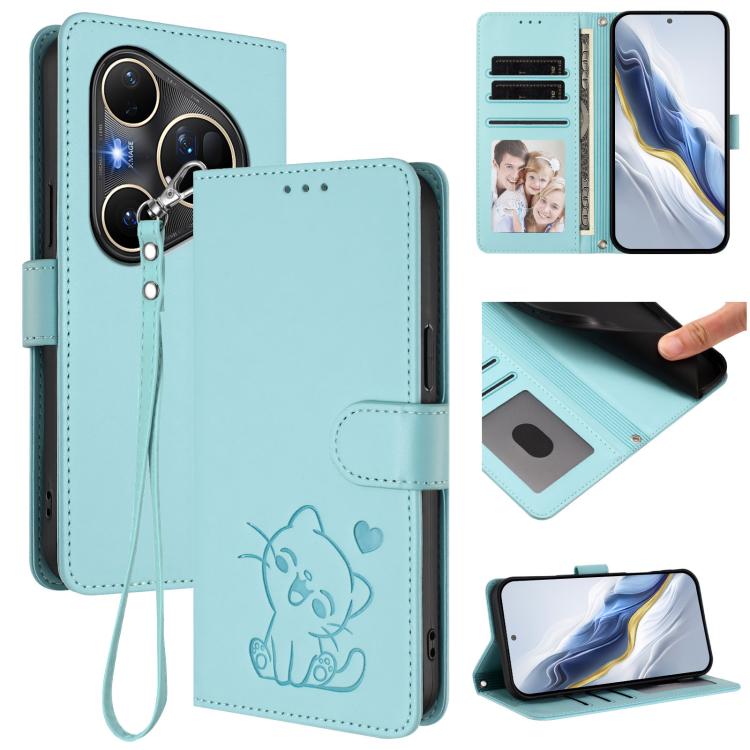 Embossed Heart Cat Leather Phone Case with Hand Strap, For Huawei Mate 70 Air 5G, For Huawei Pura 80 Ultra 5G, For Huawei Pura 80 Pro 5G / Pura 80 Pro+ 5G, For Huawei Pura 80 5G