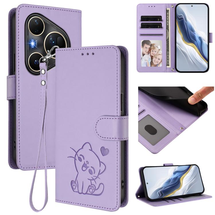 Embossed Heart Cat Leather Phone Case with Hand Strap, For Huawei Mate 70 Air 5G, For Huawei Pura 80 Ultra 5G, For Huawei Pura 80 Pro 5G / Pura 80 Pro+ 5G, For Huawei Pura 80 5G