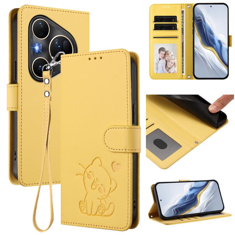 Embossed Heart Cat Leather Phone Case with Hand Strap, For Huawei Mate 70 Air 5G, For Huawei Pura 80 Ultra 5G, For Huawei Pura 80 Pro 5G / Pura 80 Pro+ 5G, For Huawei Pura 80 5G